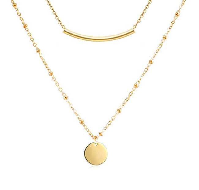 Three Layer Necklace detail: curved bar and plain disc